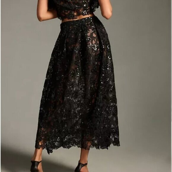 Eva Franco Embroidered Lace Shine Maxi Skirt – Size 6 – Black Lace Statement - Picture 3 of 5